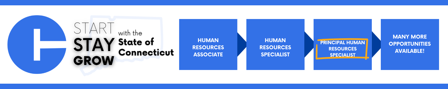 This image shows a career progression pathway within the State of Connecticut: starting with Human Resources Associate, then progressing to Human Resources Specialist, Principal Human Resources Specialist (highlighted to indicate the current opening), and ending with Many more opportunities available!